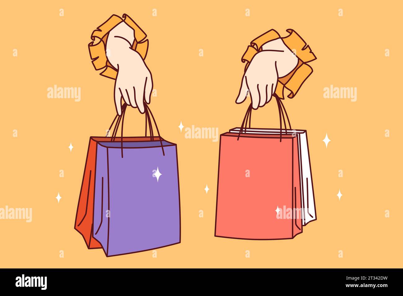 Hands people with paper shopping bags protrude from holes in banner for