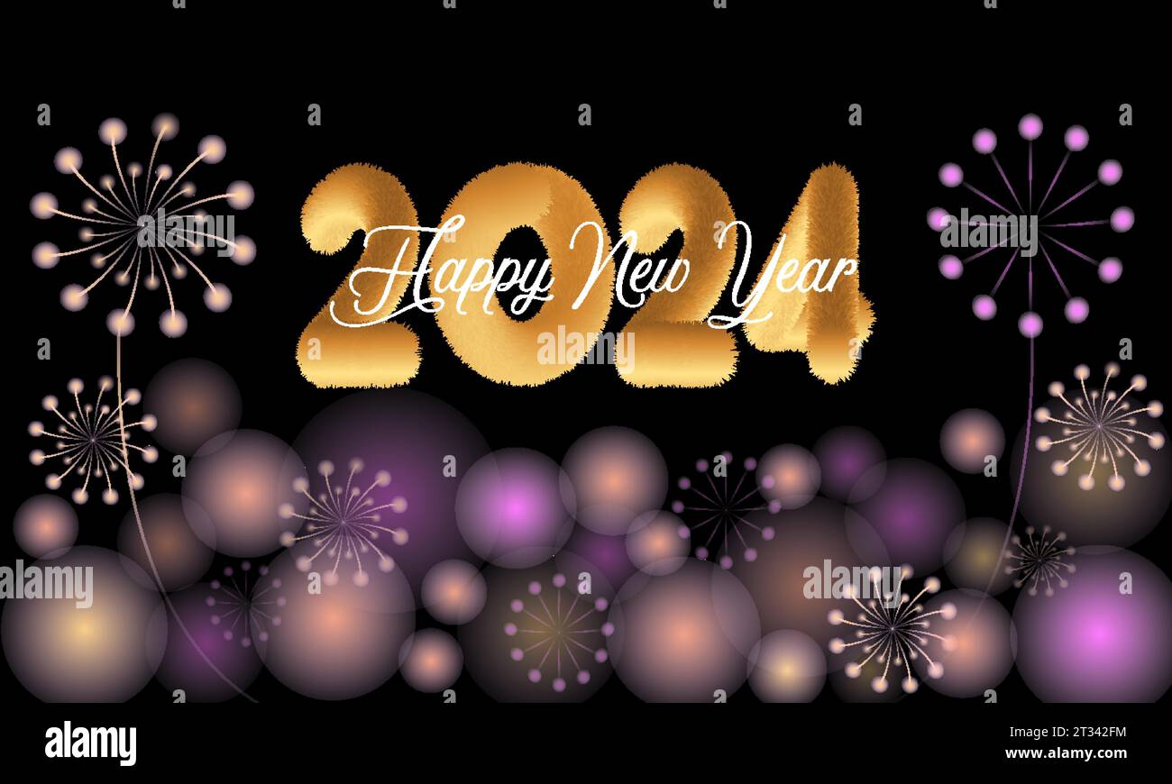 Happy New Year 2024 Celebration Festive Concept with Fireworks, Party Hats, and Christmas ball 