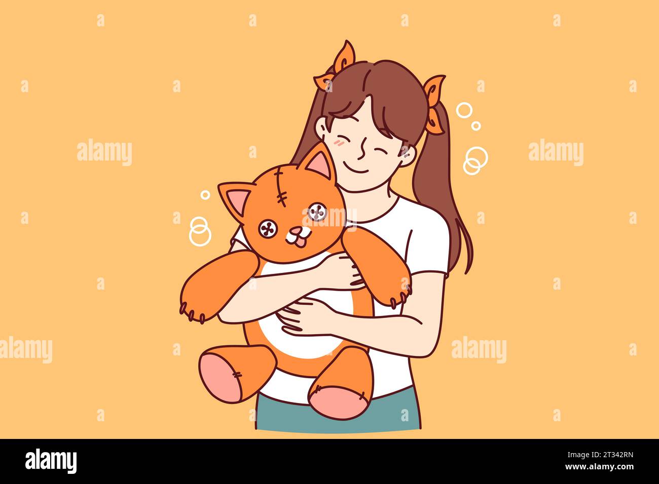 Little girl holds plush cat and smiles and rejoices at presence of favorite toy. Positive child with toy given by mom or dad enjoys hugging kitten for concept of happy childhood for daughter Stock Vector