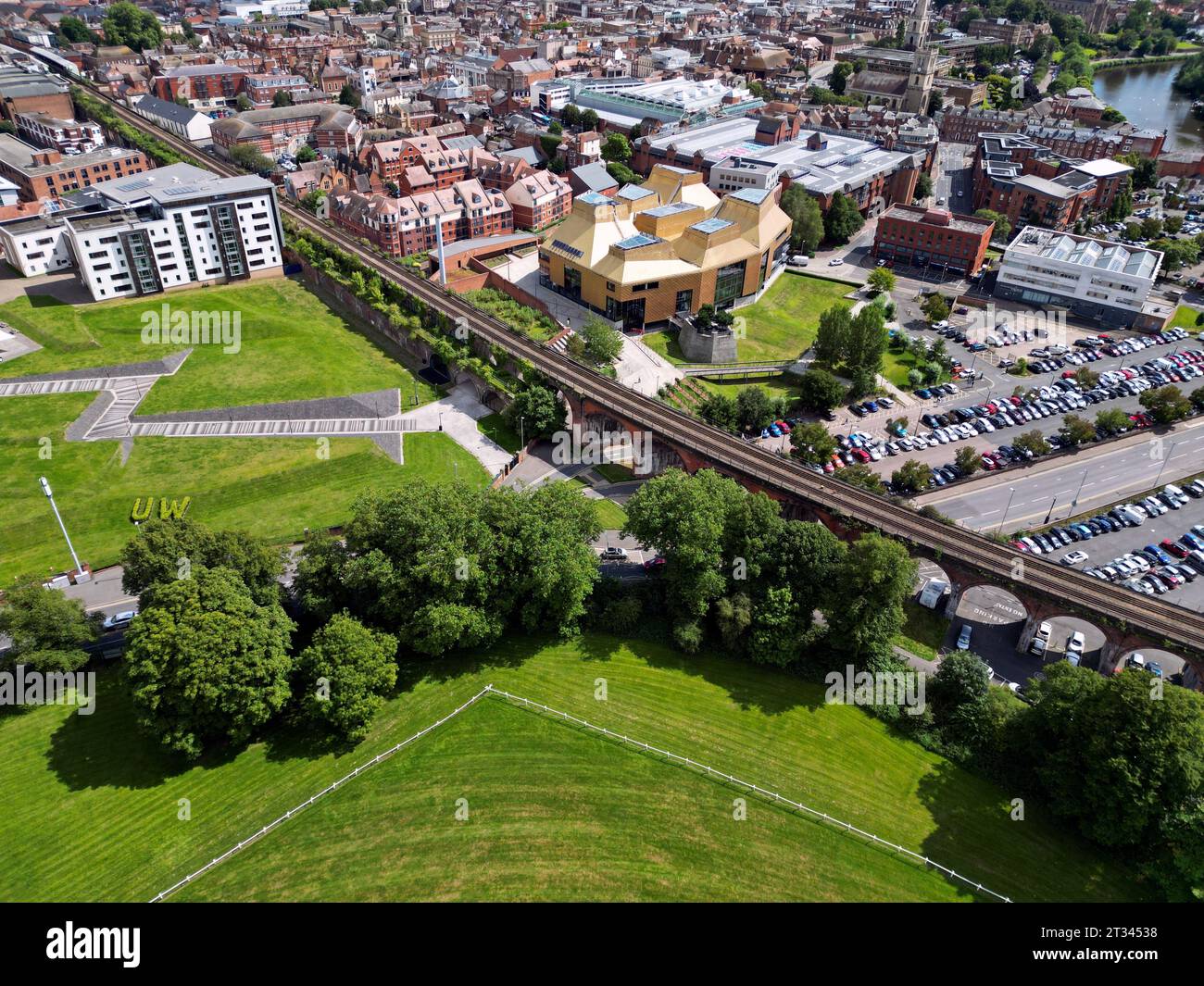 Aerial drone view of Worcester showing The Hive, Worcester public records office & library and