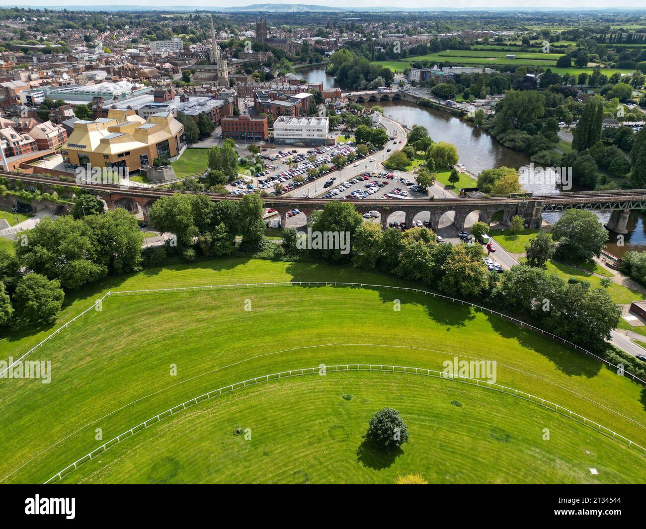 Aerial drone view of Worcester showing The Hive, Worcester public records office & library