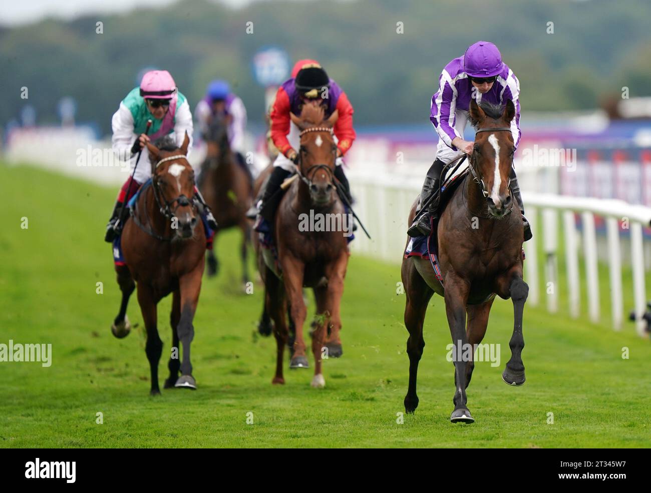 File photo dated 16-09-2023 of Continuous ridden by Ryan Moore winning the Betfred St Leger Stakes. St Leger hero Continuous is on course for a clash with Equinox in the Japan Cup. Aidan O’Brien’s three-year-old followed up his Classic success at Doncaster by staying on to finish fifth in the Prix de l’Arc de Triomphe. Issue date: Monday October 23, 2023. Stock Photo
