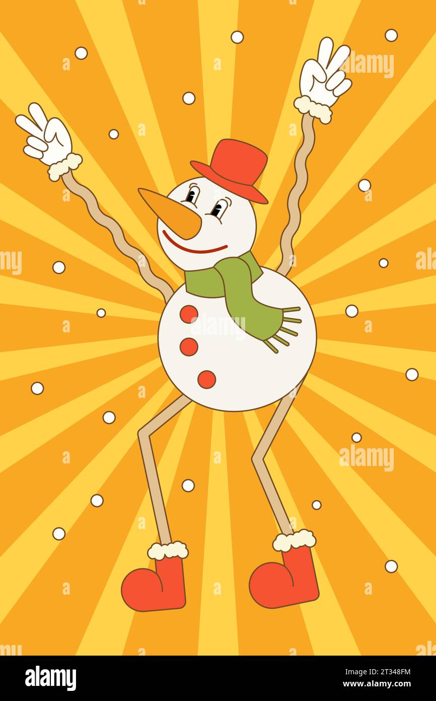 Dancing snowman. Vector illustration in groovy style for cards, flyers ...
