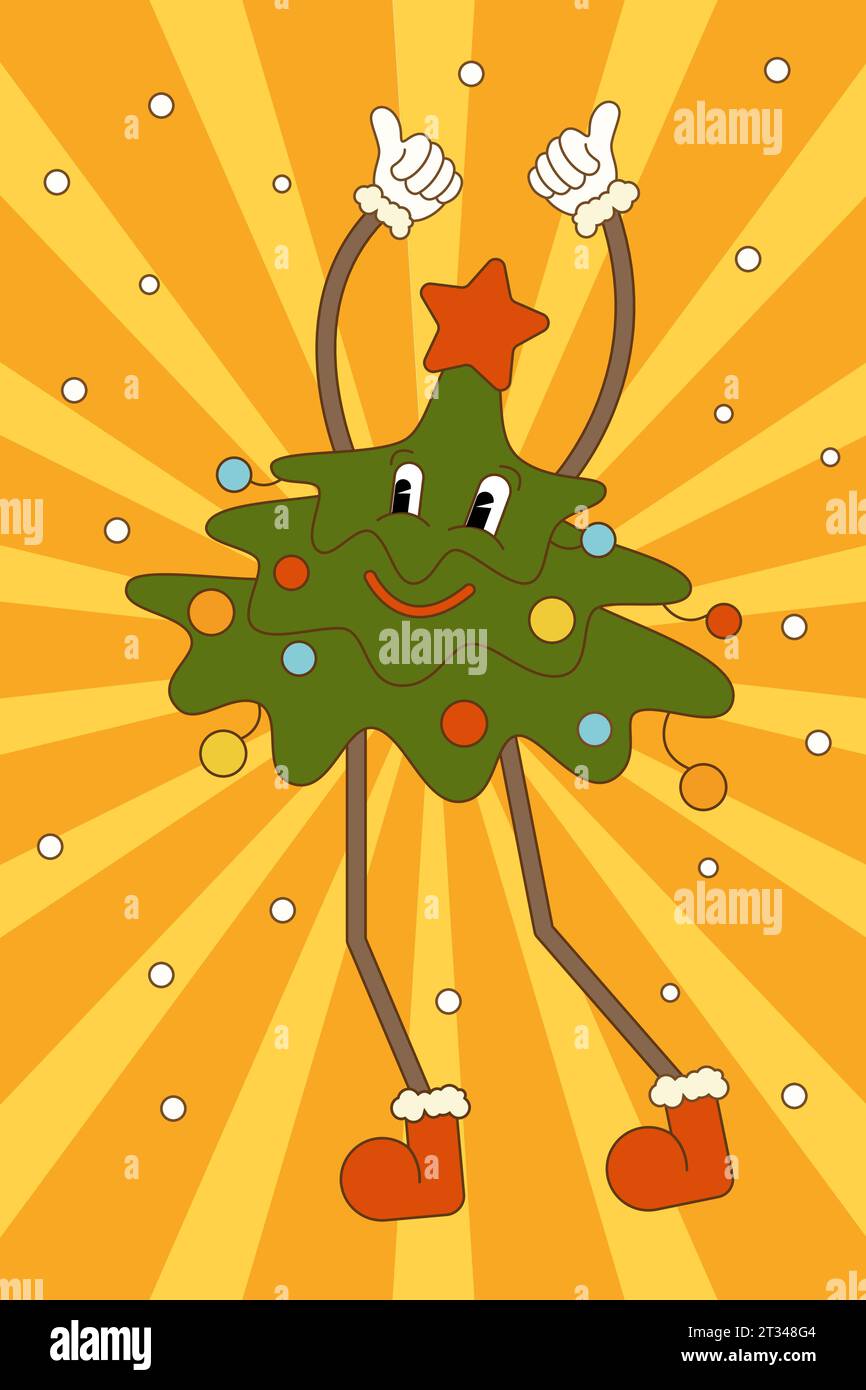 Dancing Christmas tree. Vector illustration in trendy retro groovy style Stock Vector Image
