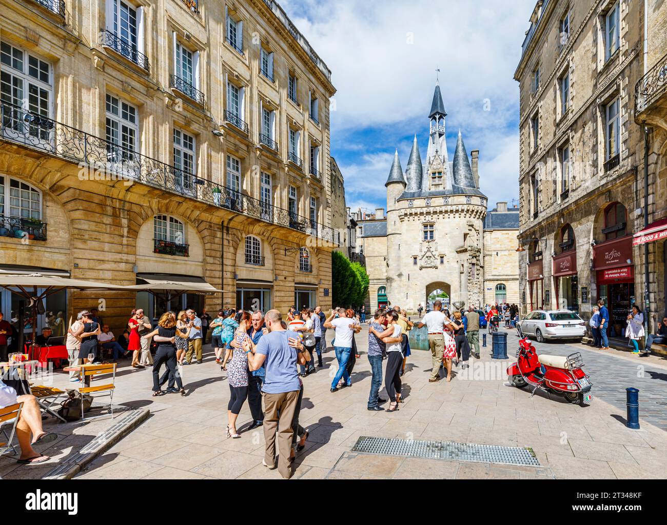 Dancers dancing in the Bordeaux City Tango Festival by Porte Cailhau historic city gate in Bordeaux, a port city in southwestern France Stock Photo