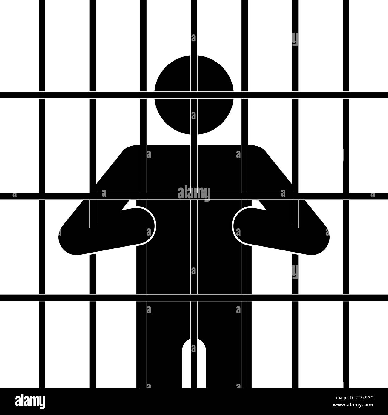 Stick figure, black man silhouettes on a white background. Prisoner