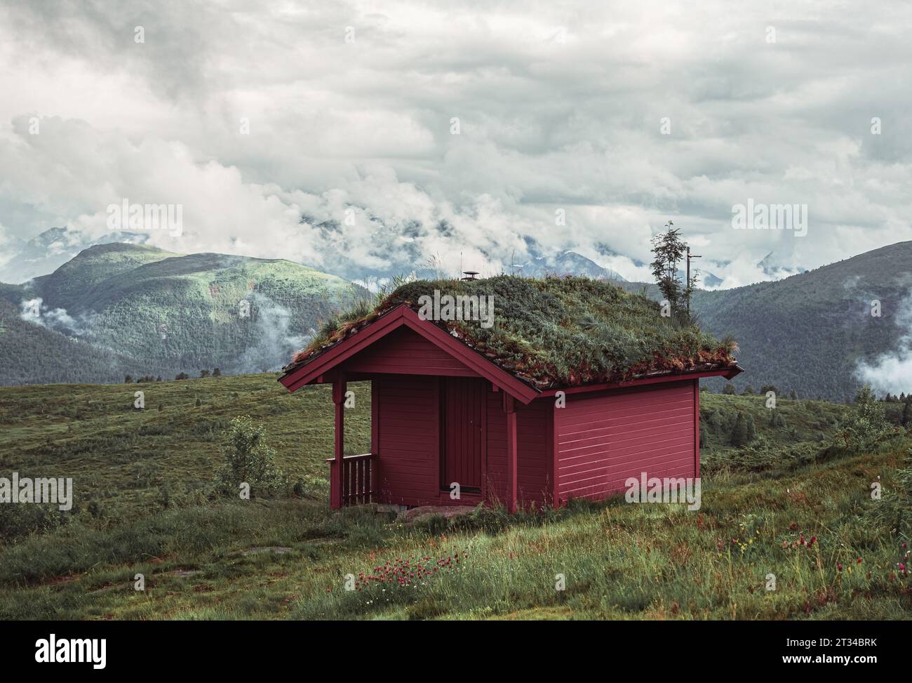 Red hut in the mountains with green grass and clouds in Norway Stock Photo