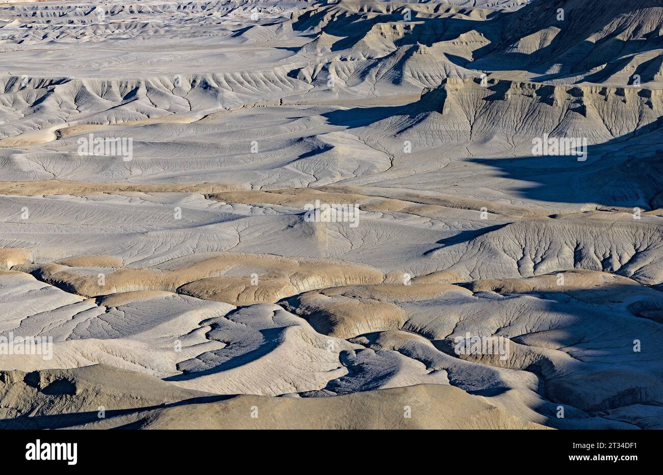 A view of the what appears to be the surface of the moon from Moonscape Overlook in the Factory Butte recreation area near Hanksville, Utah USA. Stock Photo