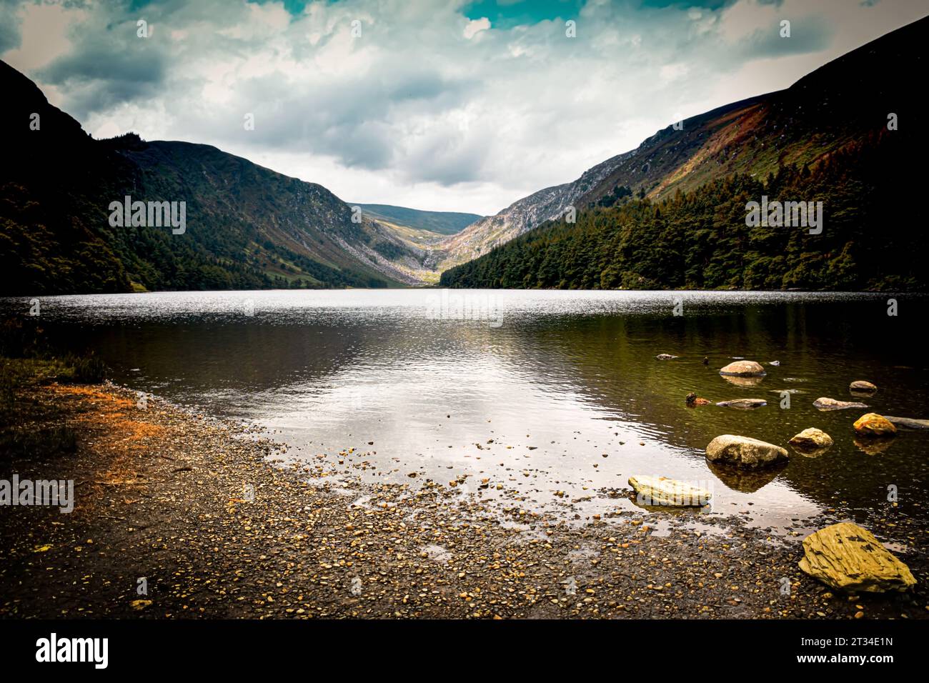 Beautiful touristic destination, Glendalough Lake in County Wicklow, Ireland. Stock Photo