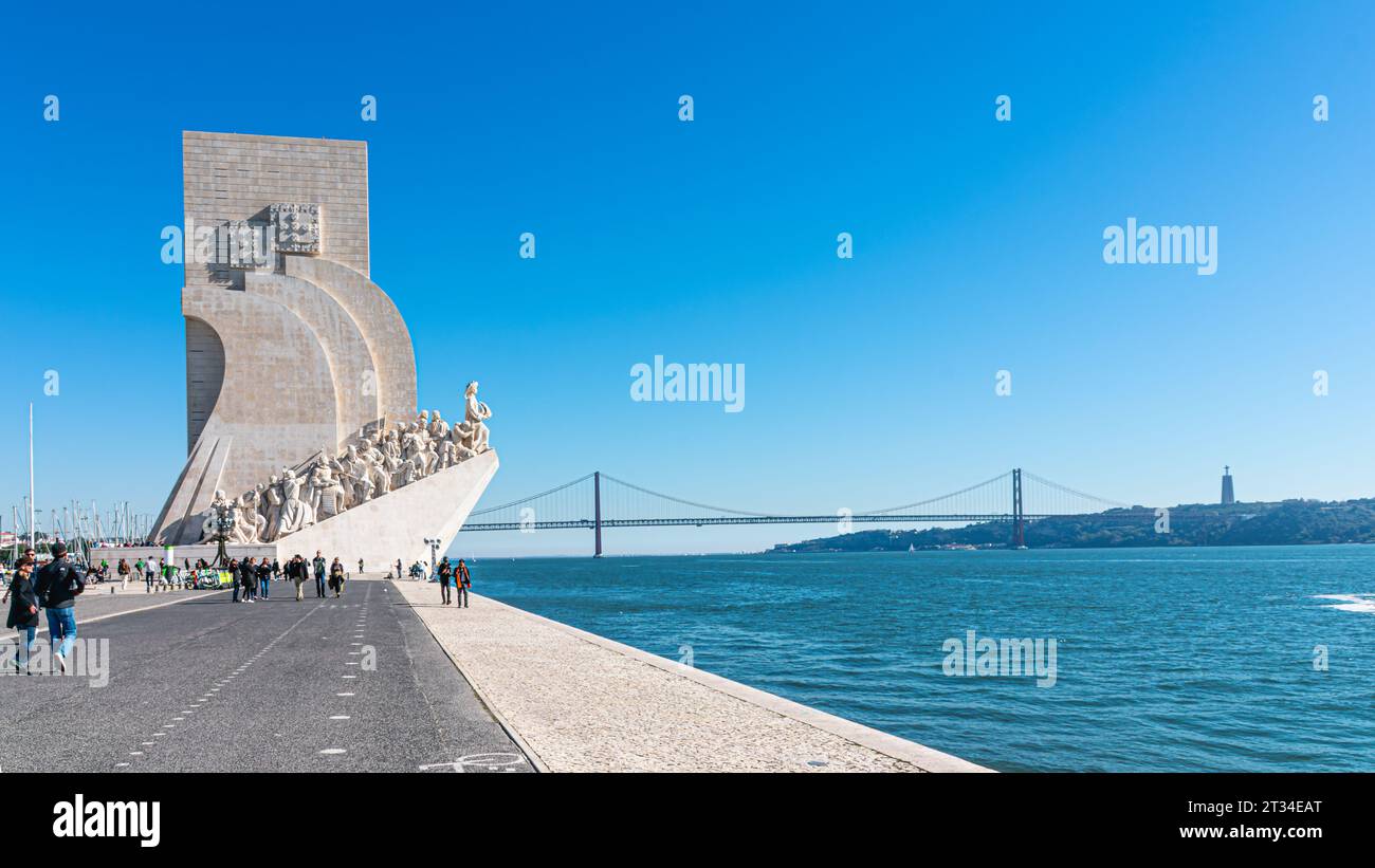 LISBON, PORTUGAL - February 2023, Monument to Discoveries Explorers - Padrao dos Descobrimentos - Tagus River, Belem, Lisbon Portugal. Stock Photo