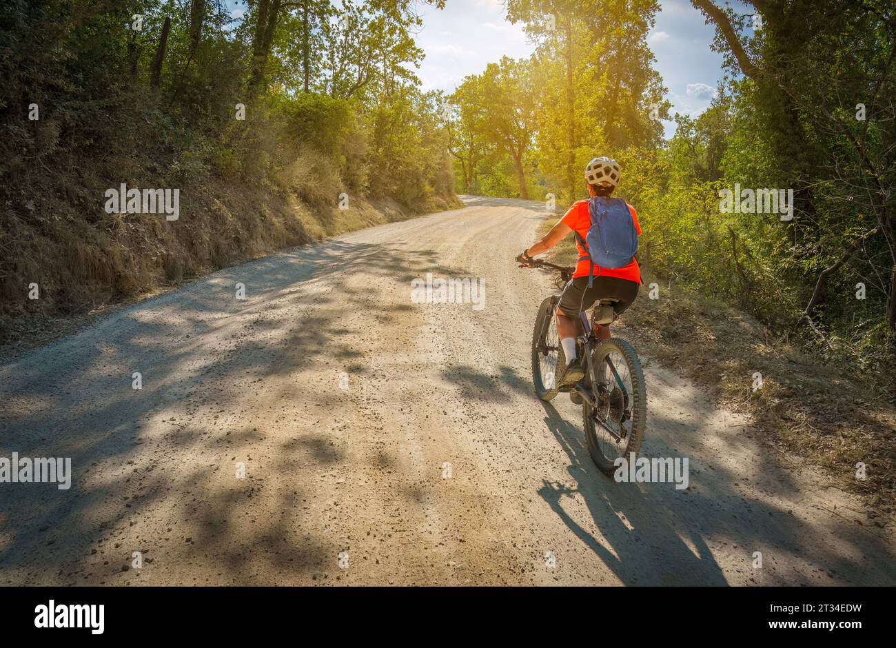 nice senior woman riding her electric mountain bike on the famous white gravel road of Eroica near Gaiole in the Ghianti Area of Tuscany,Italy Stock Photo