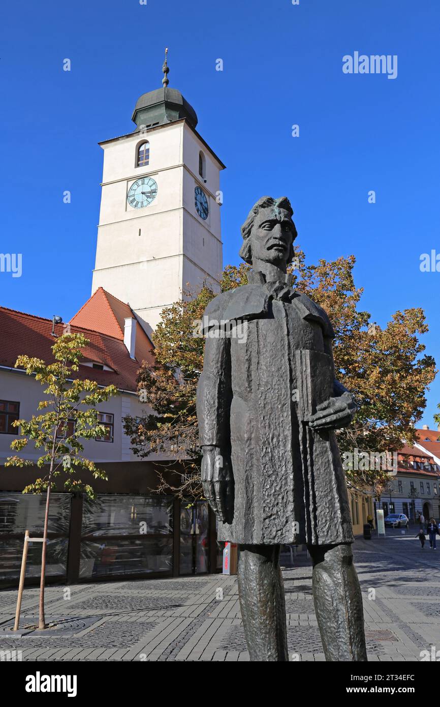 Gheorghe Lazăr (1779-1823) statue at Turnul Sfatului (Council Tower), Piața Mare (Great Square), Sibiu, Sibiu County, Transylvania, Romania, Europe Stock Photo