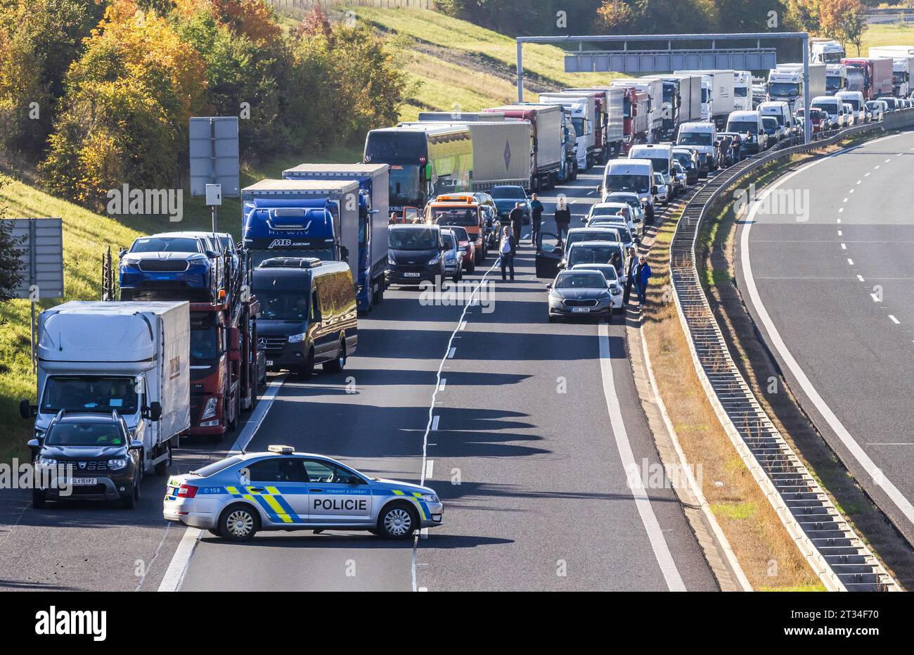 Petrovice, Czech Republic. 23rd Oct, 2023. Traffic jam on the D8
