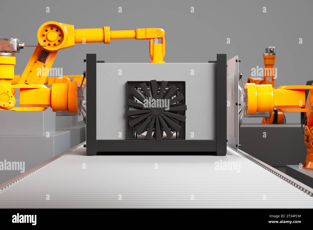 High-tech robots assembling a cutting-edge 3D printer in a modern factory. Orange robotic arms are programmed to pick and place parts of printers. Tec Stock Photo