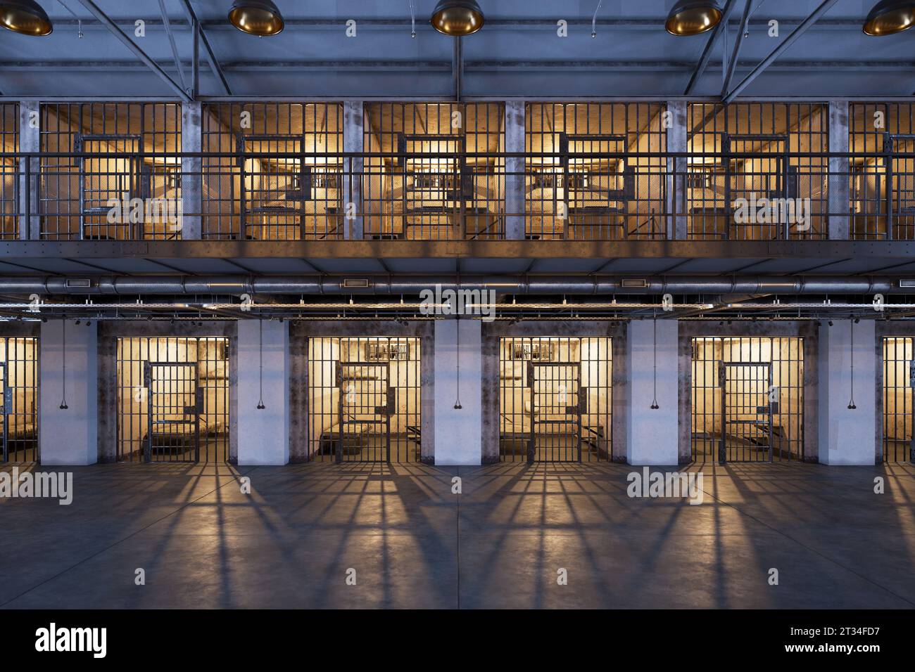 A prison hallway showcasing two floors and rows of cells. Hallway of