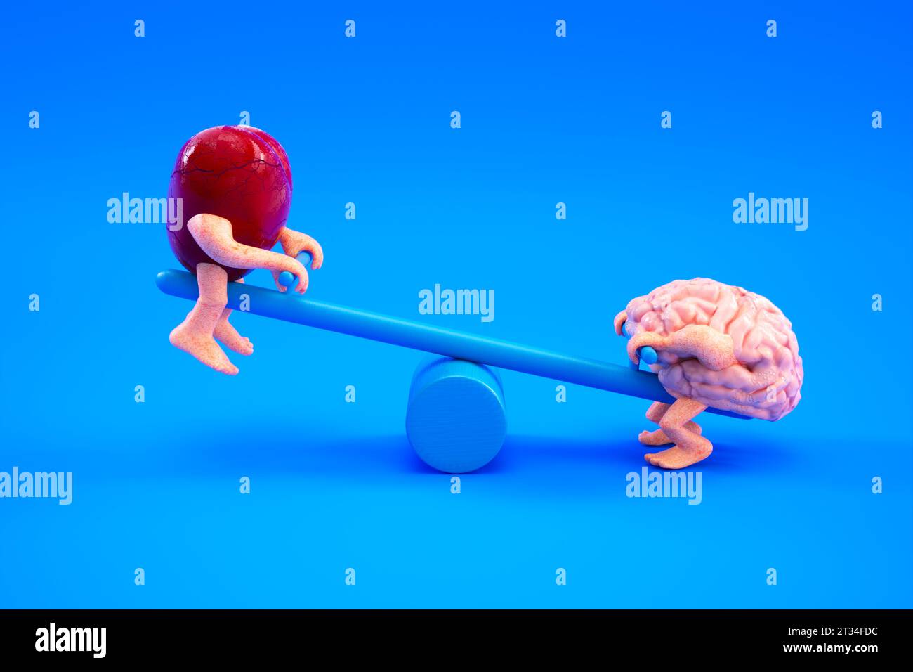 Cartoon animation with brain and heart characters swinging on the balance swing. Romance and love concept. Anatomy of emotions. Cheerful scene. Abstra Stock Photo