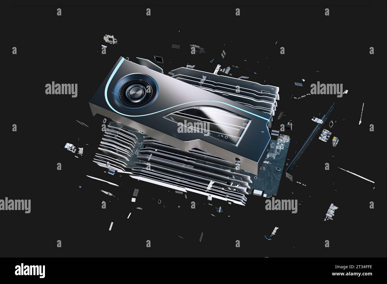 Explosion-view of a graphic card. Dissasembled video card to small pieces. Floating and spinning in space elements of GPU (graphics processing unit). Stock Photo