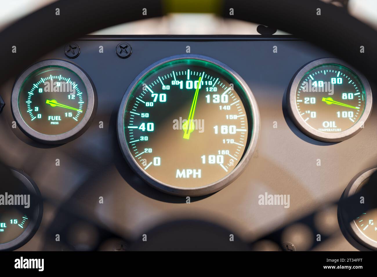 Close up of the race car black dashboard with analog gauge. Moving