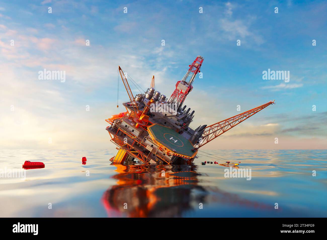 Aerial view of Oil Rig accident. Collapsed sinking offshore platform