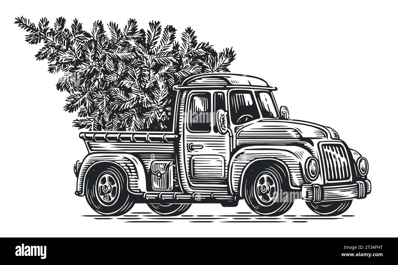 Hand drawn retro farm truck with Christmas tree. Sketch vintage vector illustration engraving style Stock Vector