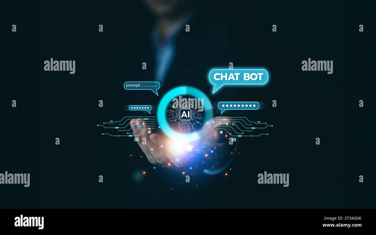 AI Chatbot. Businessman using artificial intelligence with command prompt for generate. Technology links information digital marketing, innovation fut Stock Photo