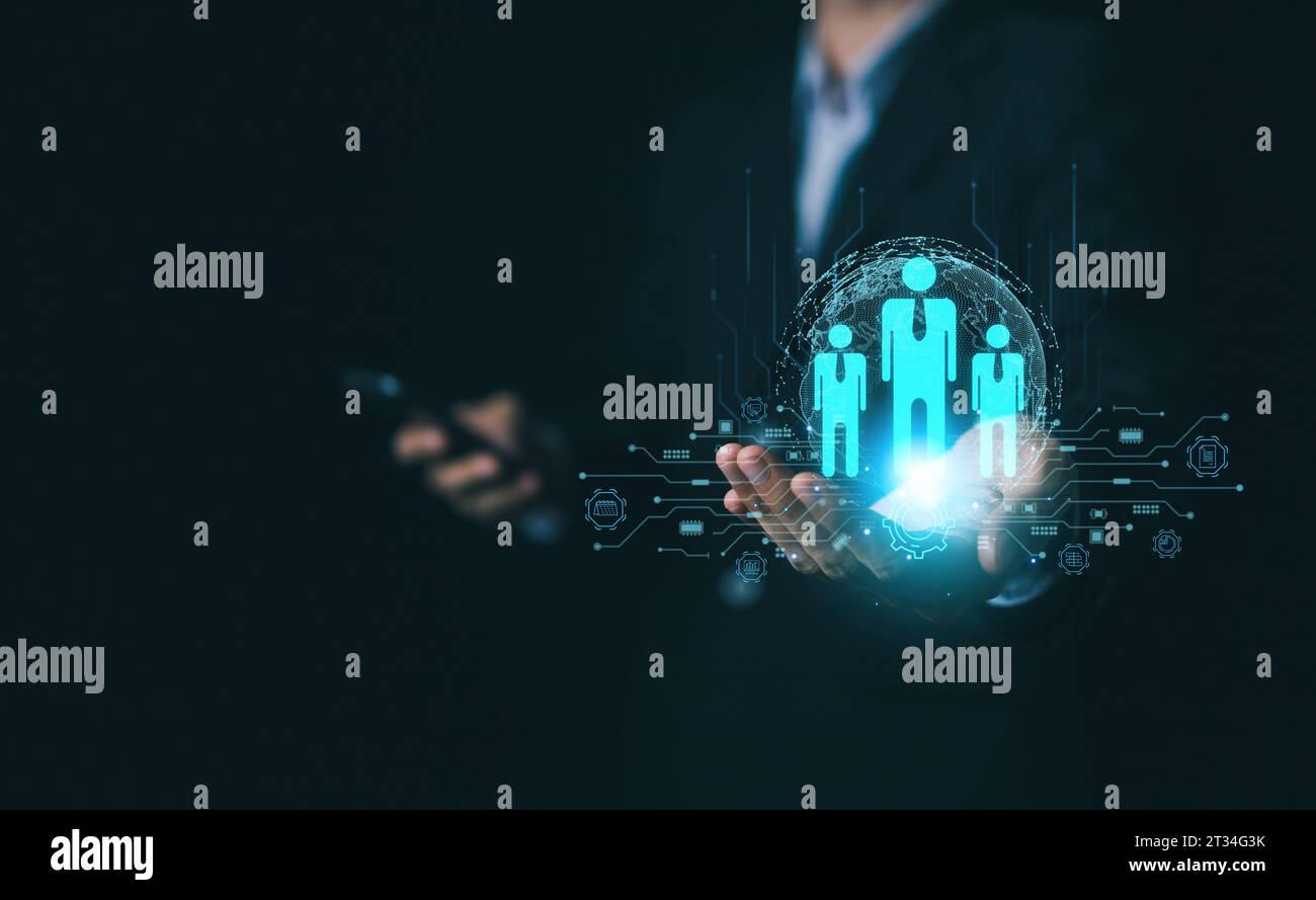 Customer relationship management, CRM. Businessman use smartphone with global structure customer internet network technology. Human Resource, HR. Cust Stock Photo