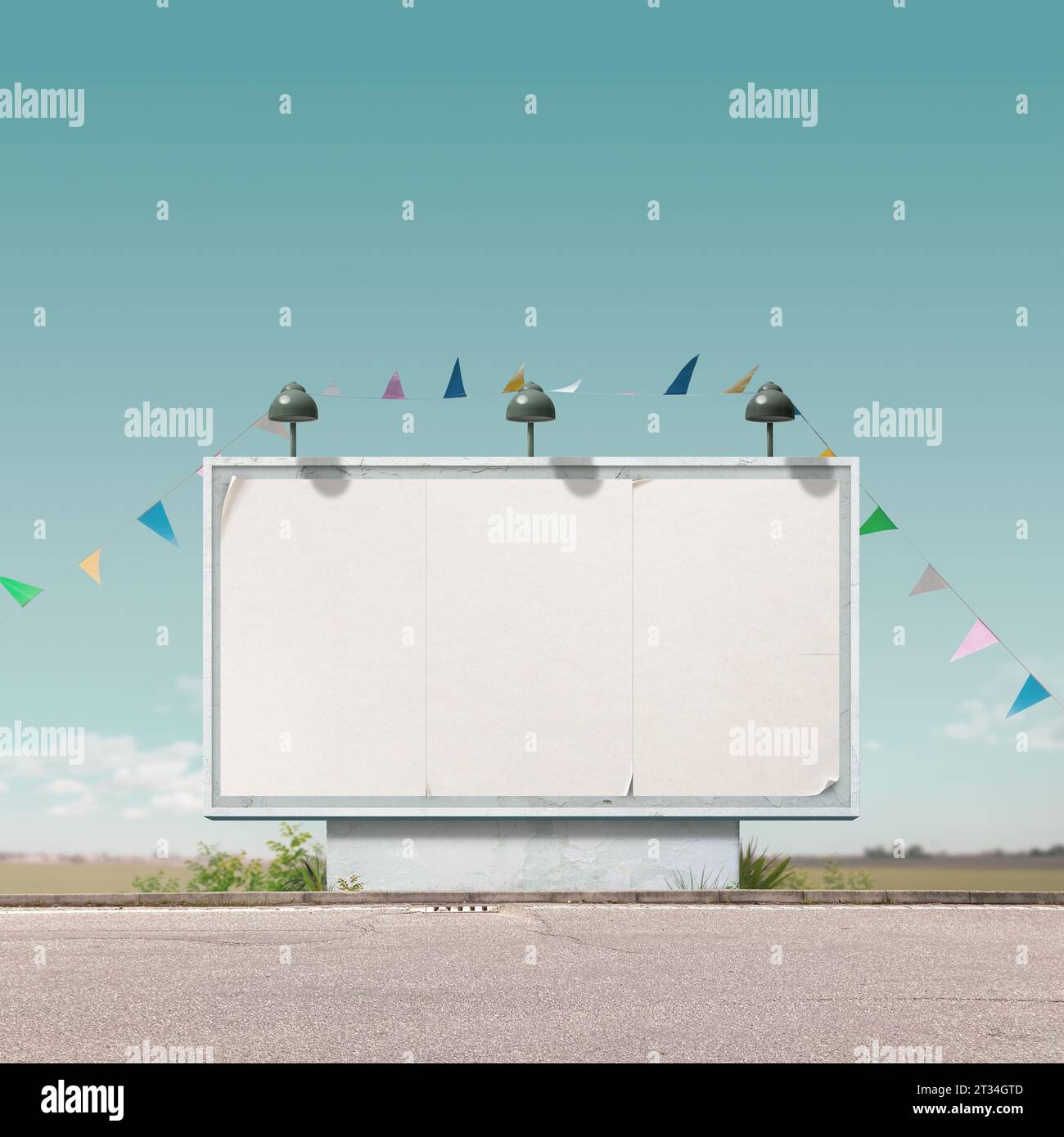 Large vintage billboard sign with white posters and string flags ...