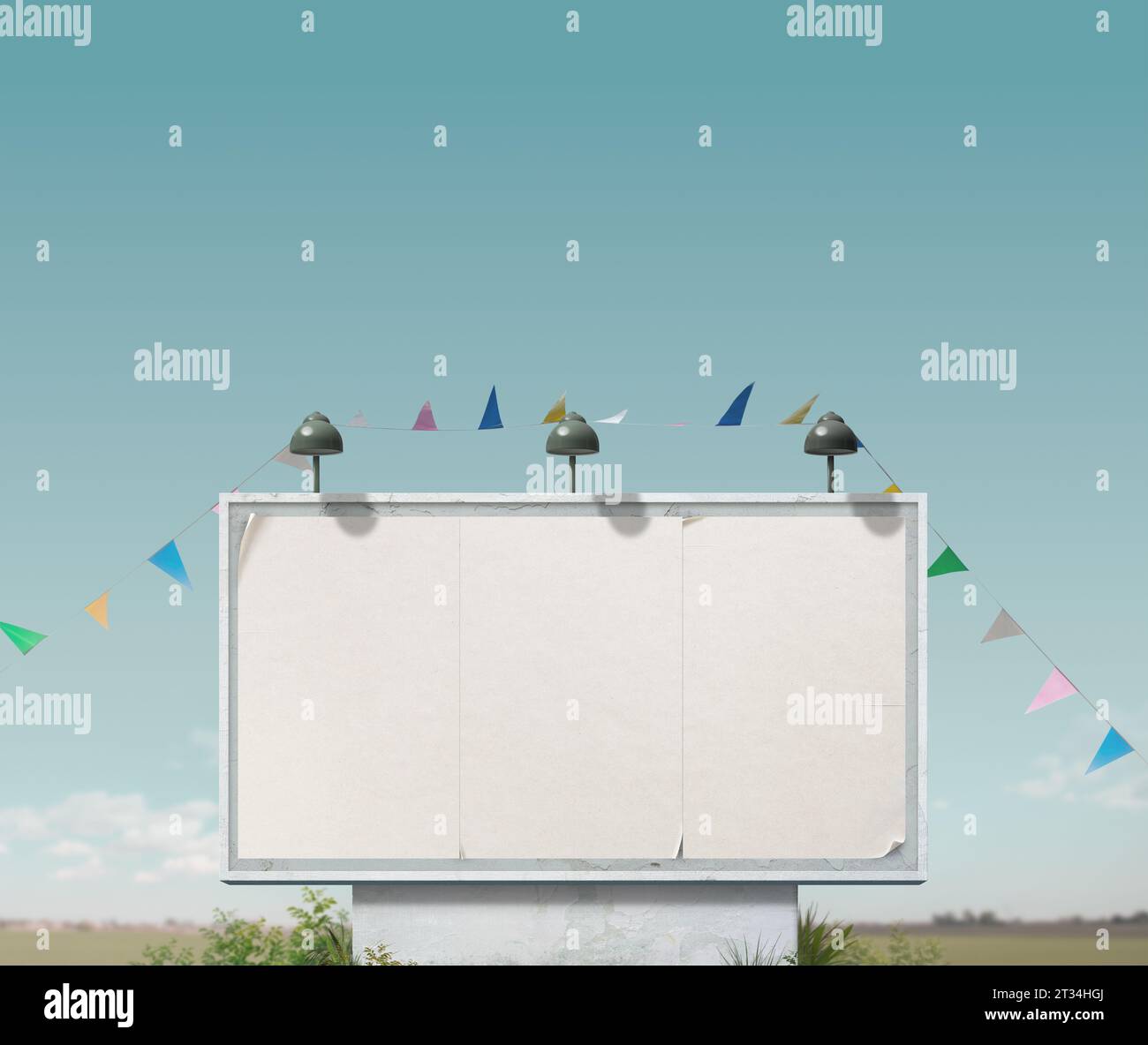 Large vintage billboard sign with white posters and string flags ...