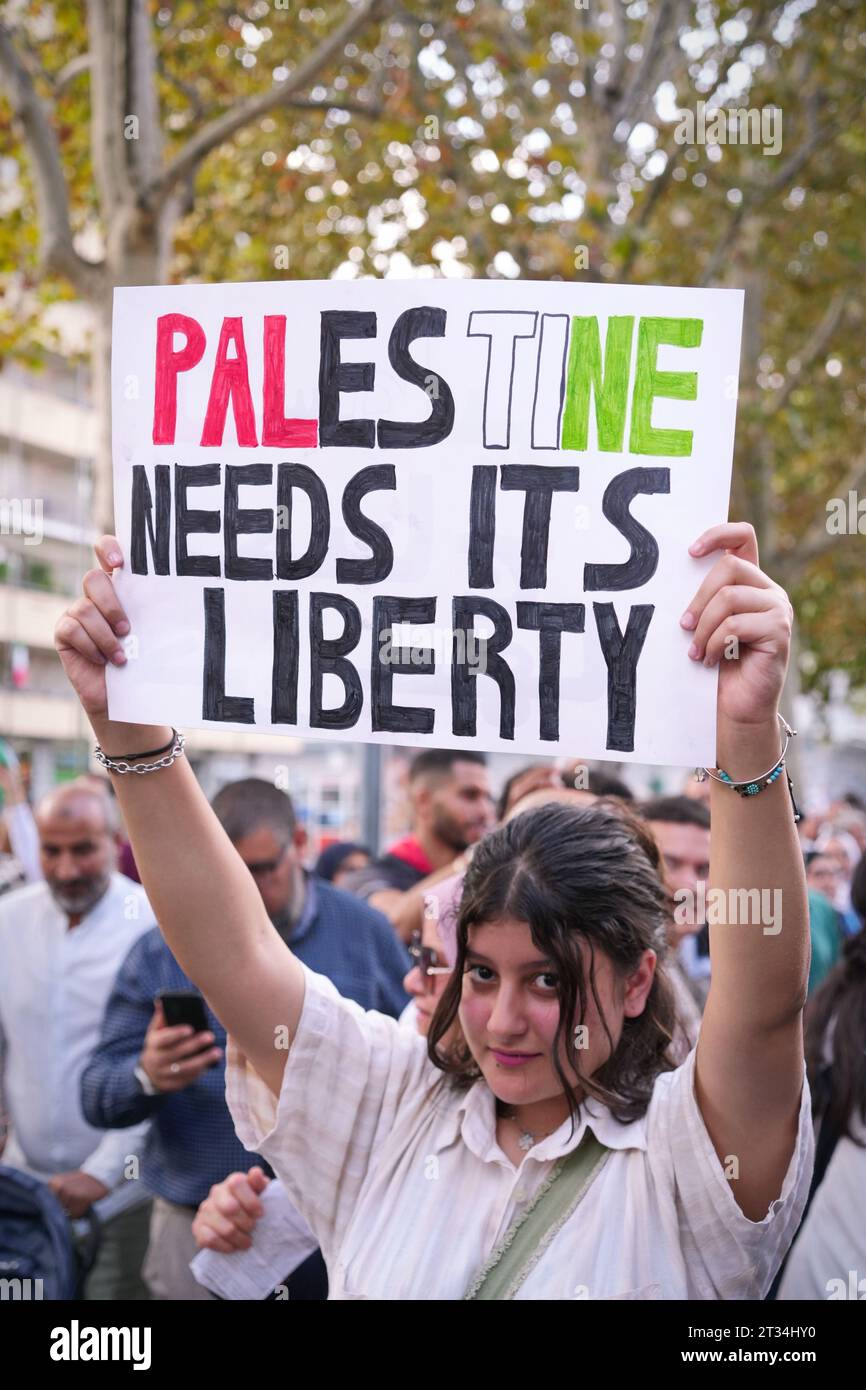 A rally in solidarity with the Palestinian people against Israel's military operations in the Gaza Strip. Turin, Italy - October 14, 2023 Stock Photo