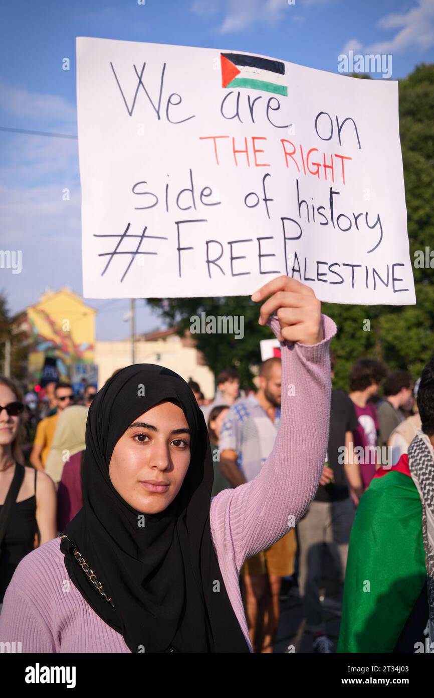 A rally in solidarity with the Palestinian people against Israel's military operations in the Gaza Strip. Turin, Italy - October 14, 2023 Stock Photo