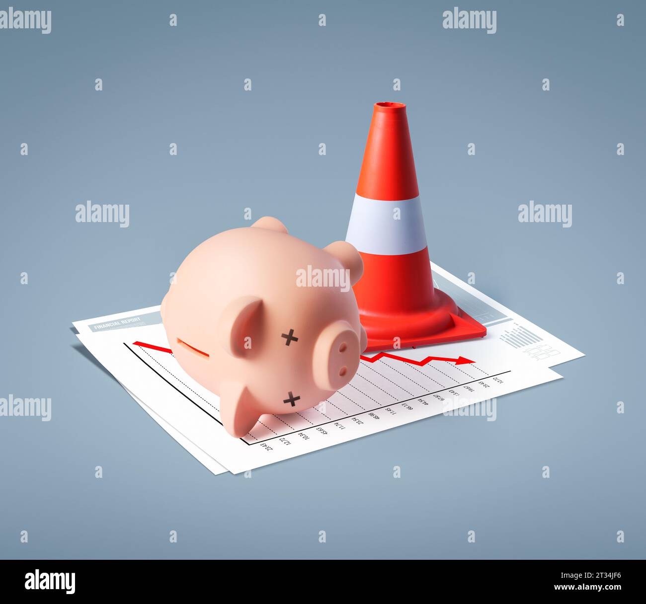 High-risk investment and financial crisis: dead piggy bank on financial chart with negative trend and traffic cone Stock Photo