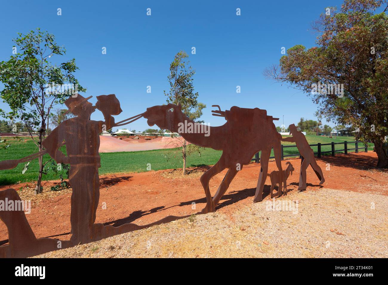Metal sculptures depicting the 1906 Alfred Canning expedition to map the Canning Stock Route, Wiluna, Western Australia, Australia Stock Photo