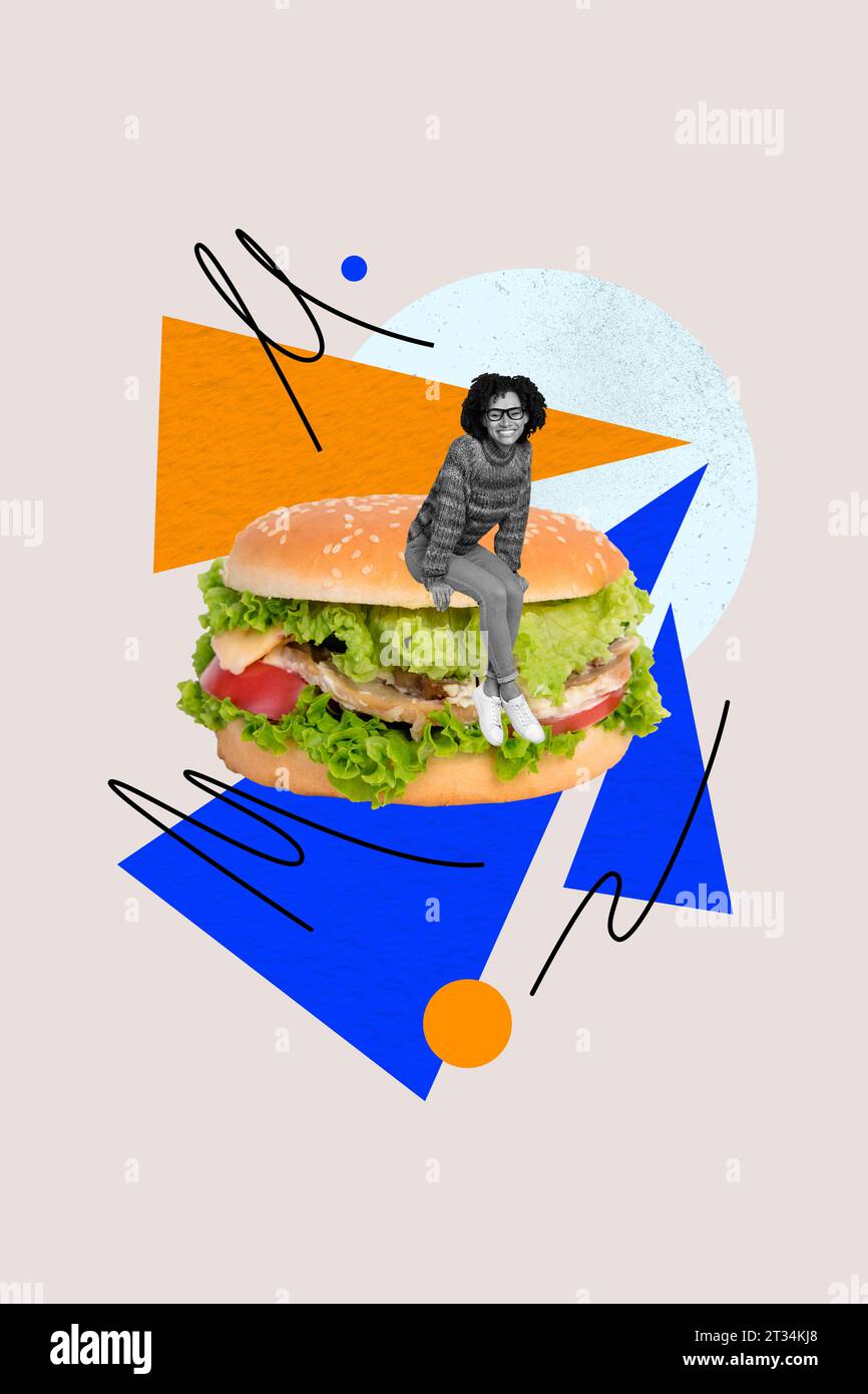 Creative vertical collage of slim girl sitting on huge double big tasty burger mcdonalds advertisement isolated over gray color background Stock Photo
