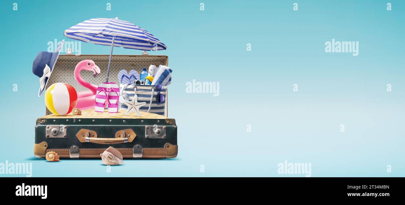 Summer vacations beach with accessories inside a vintage suitcase Stock ...