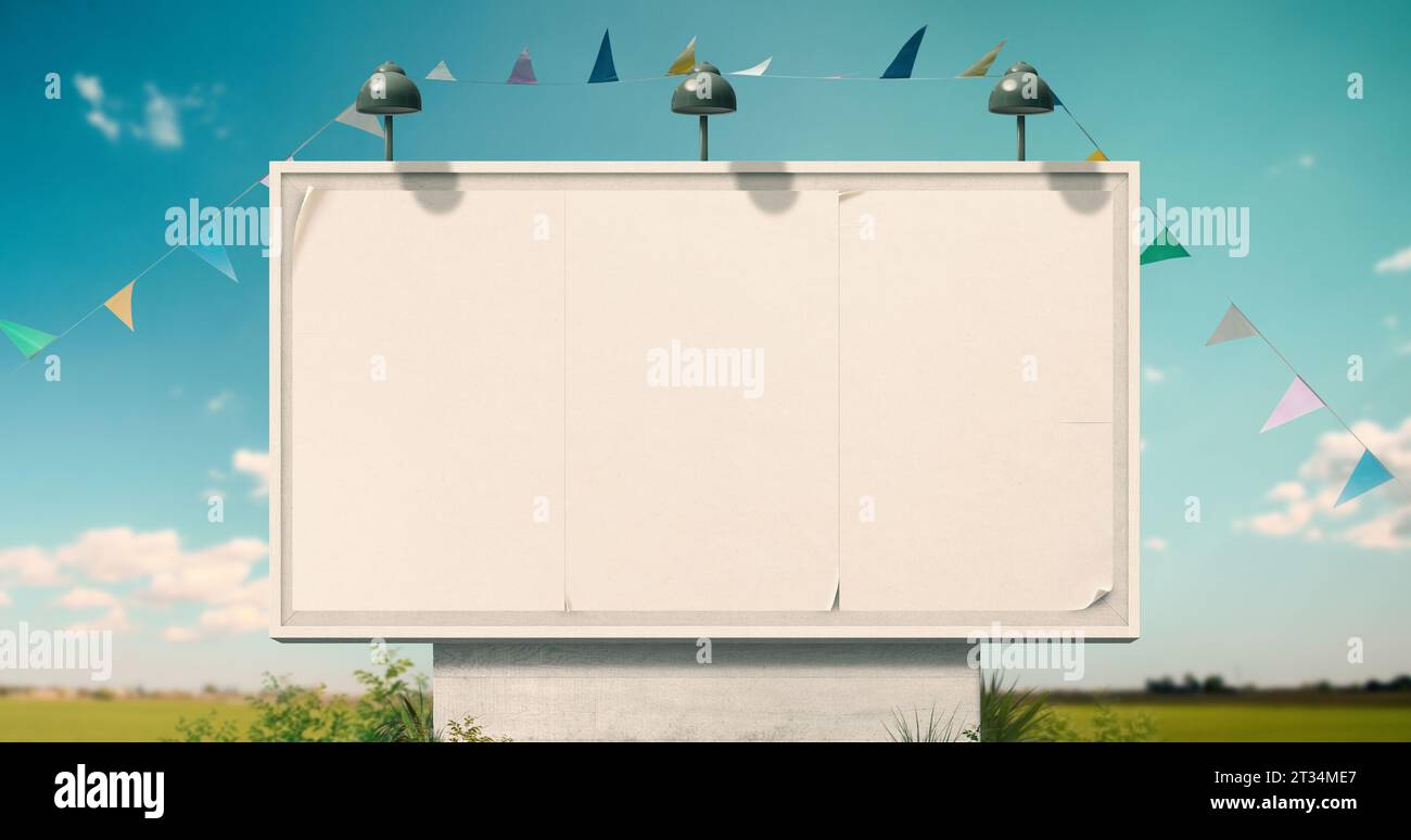 Large vintage billboard sign with white posters and string flags ...