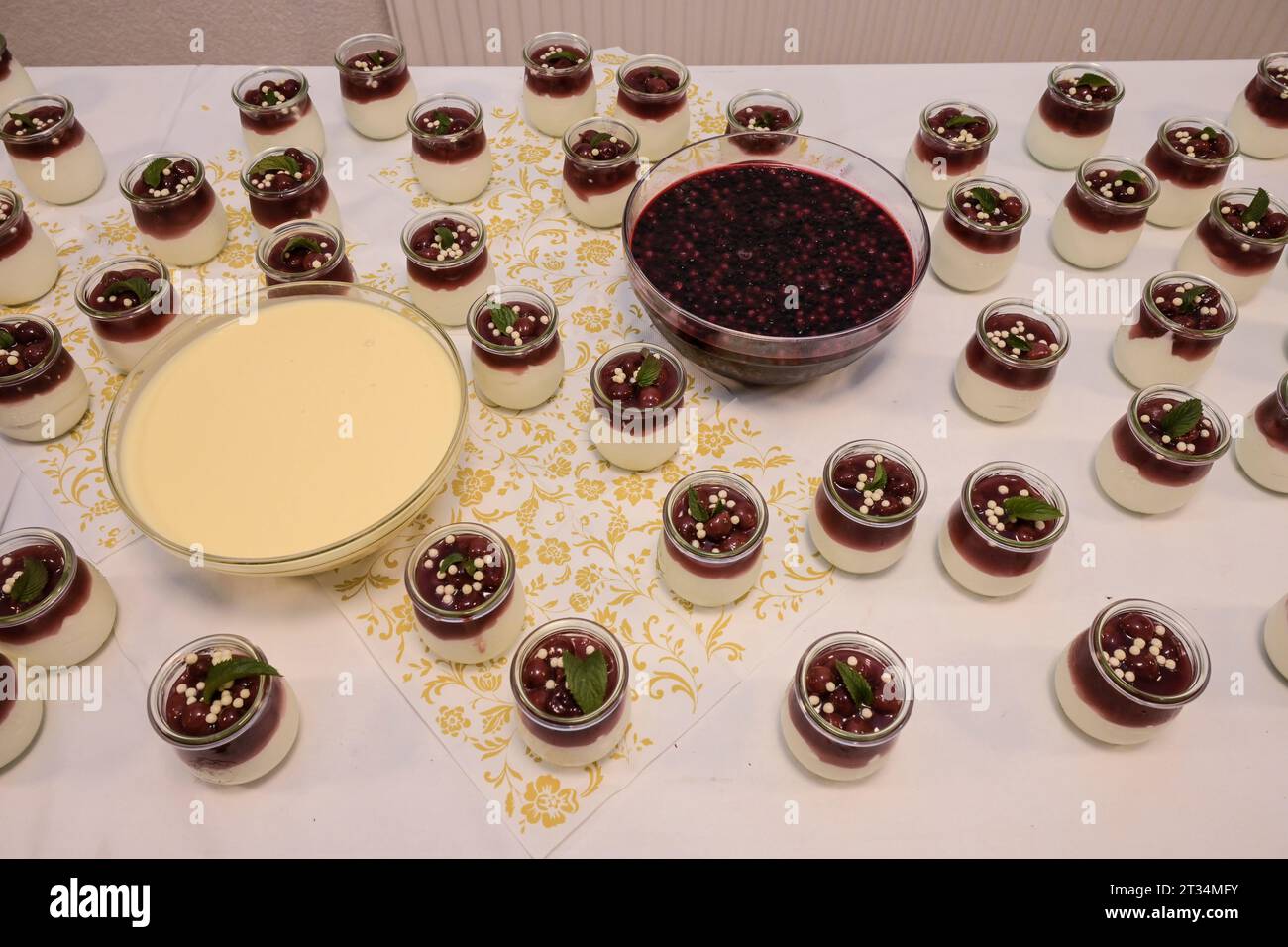 Buffet, Rote Grütze mit Vanillesauce Stock Photo - Alamy