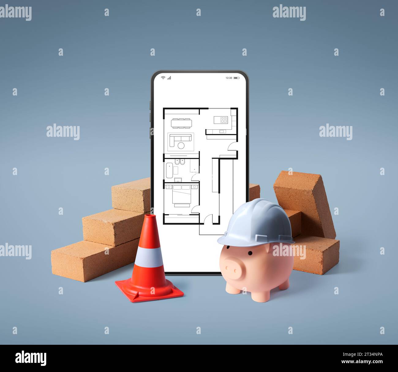 House blueprint on a smartphone screen, piggy bank and bricks: plan a budget for construction projects and cost reduction Stock Photo