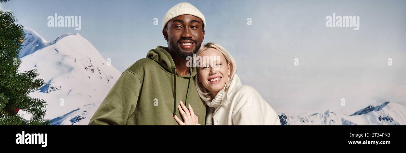 banner of happy woman hugging with african american boyfriend with ...