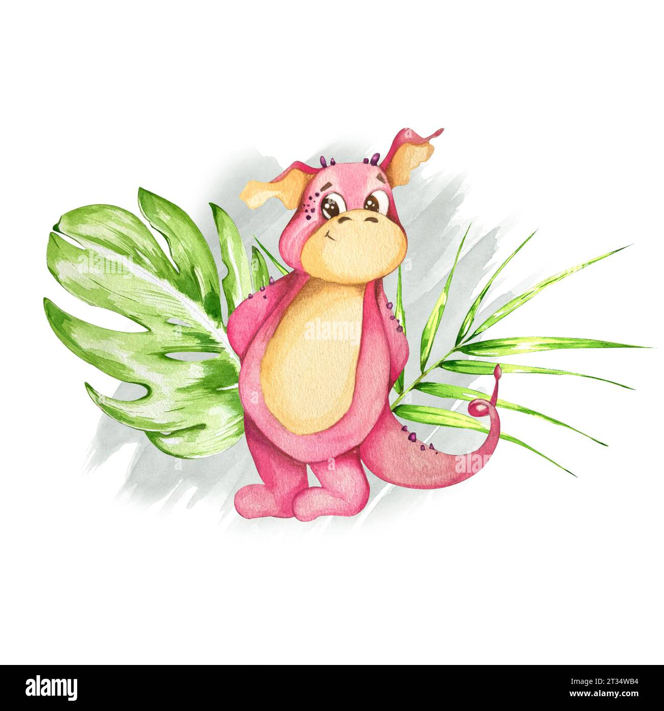 cute funny cartoon pink dragon. Watercolor illustration . Children's illusion. for the design of postcards, prints. Stock Photo