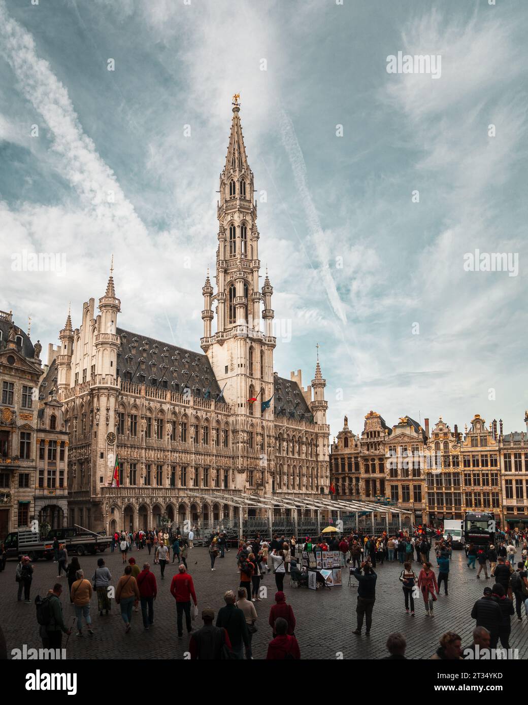 Grand-Place square (Grote Markt) in Brussels. Neo-Gothic City Hall of Brussels. Old Market Square Stock Photo