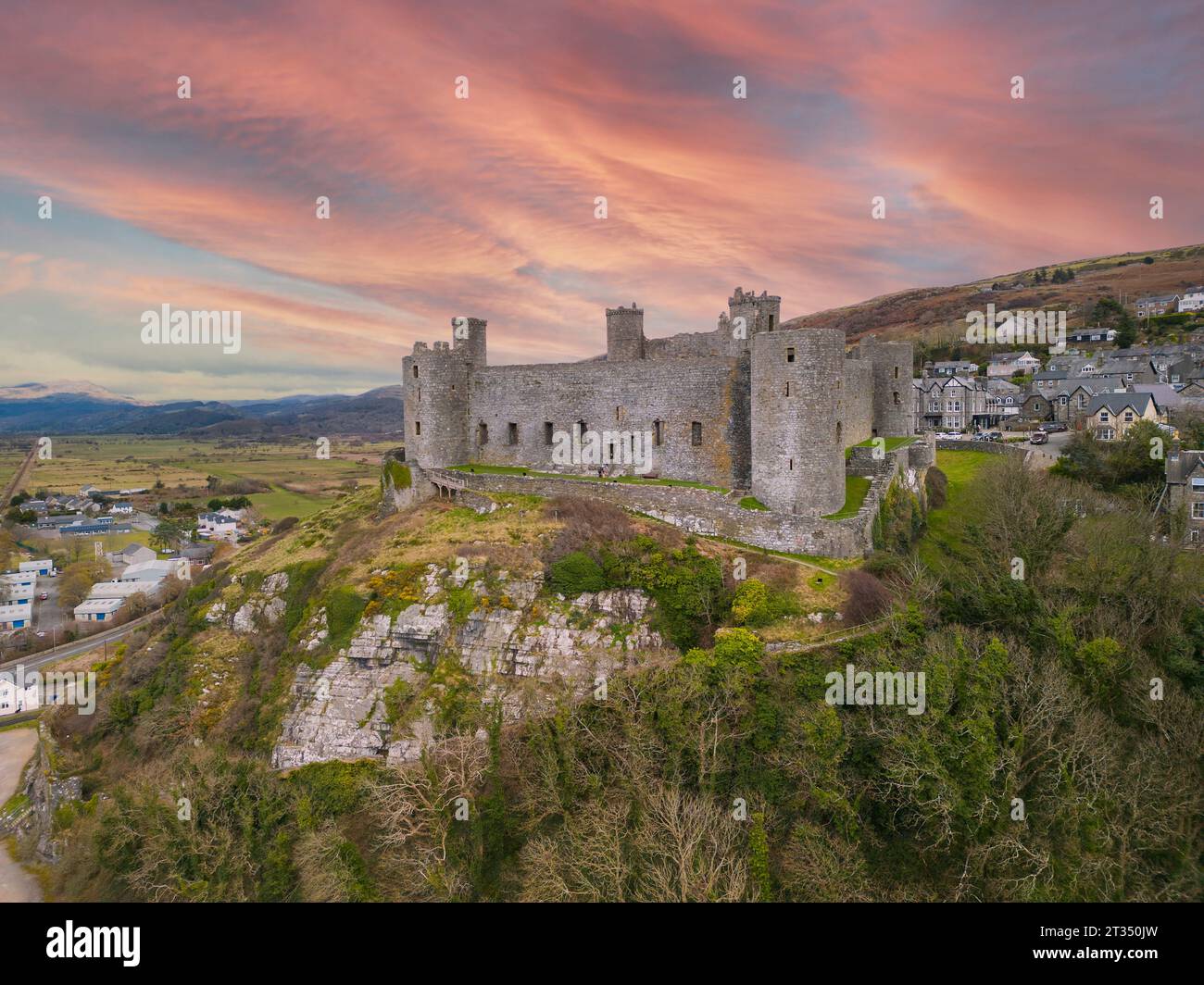 Aerial vie of Harlech Castle, Harlech, Gwynedd, North Wales Stock Photo