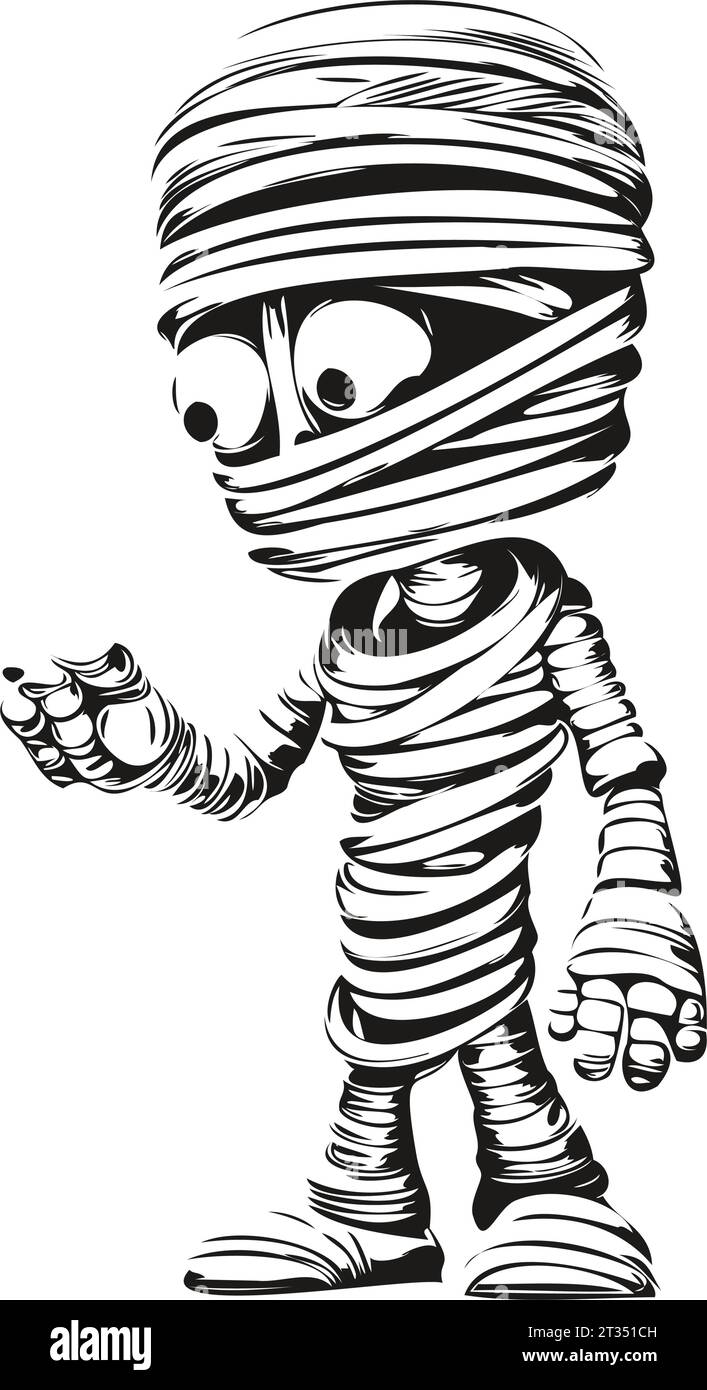 Haunted Mummy Image in Black and White Vector, isolated ink sketch