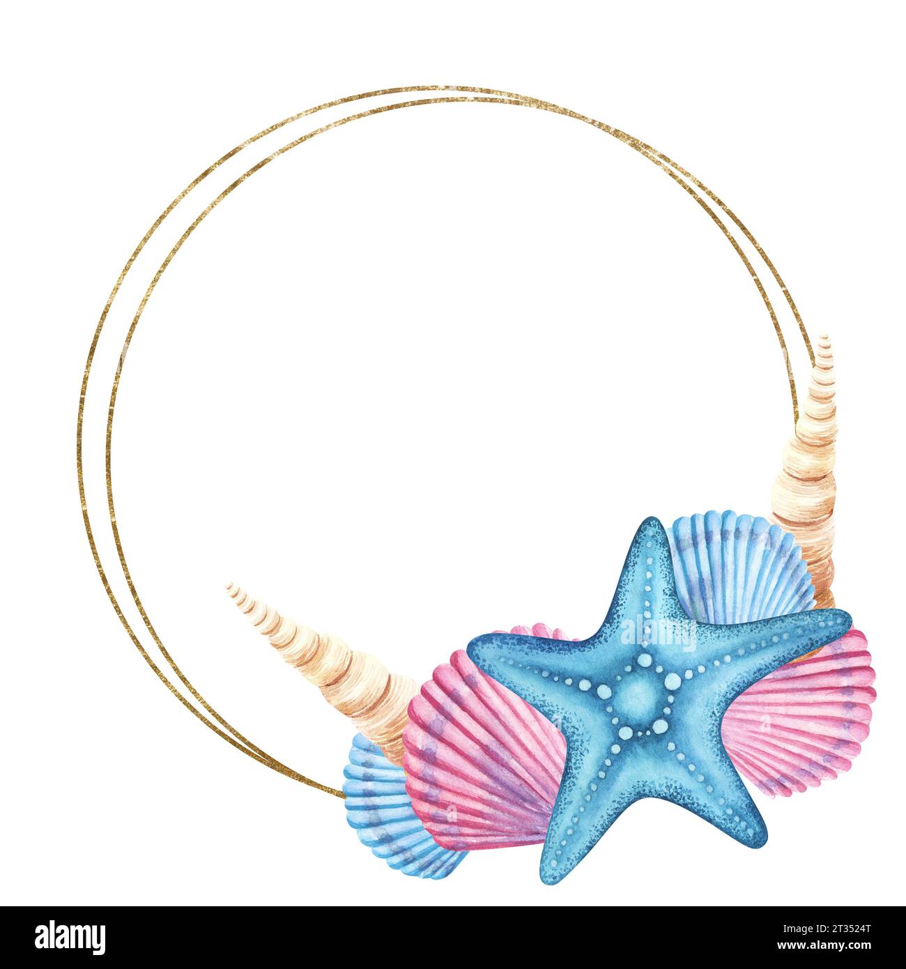 Watercolor round frame with starfishes and seashells isolated ...