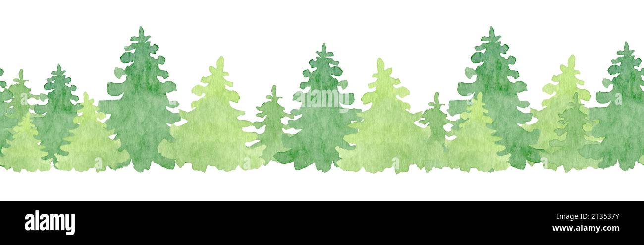Watercolor forest seamless border with abstract spruce. Hand drawn ...