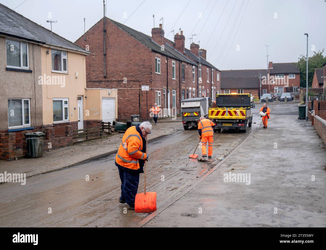 The clean up begins in Catcliffe near Rotherham, South Yorkshire, in ...