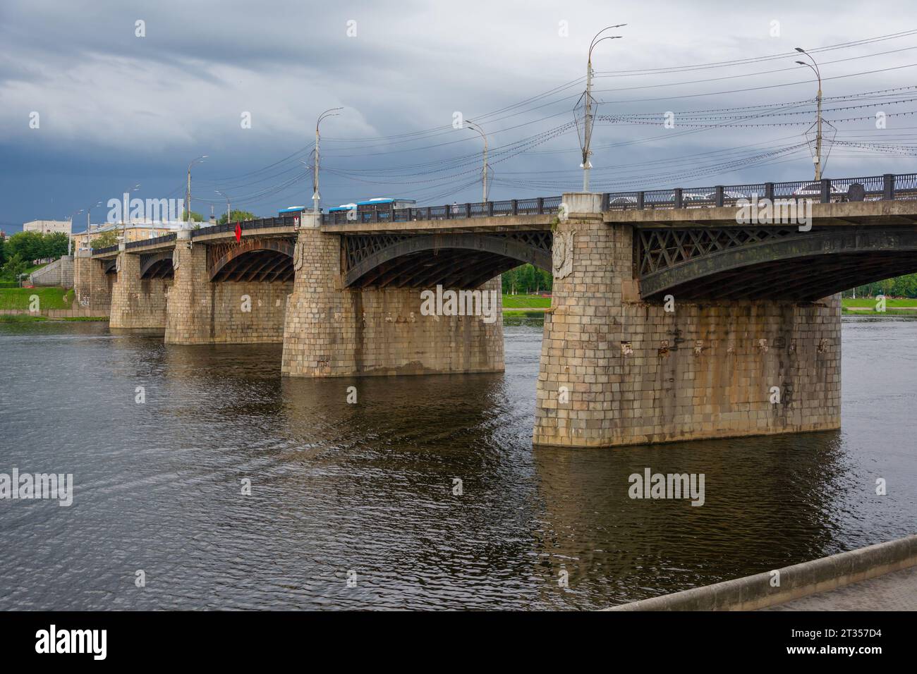 Tver, view of the Old Volga Bridge from the Mikhail Yaroslavich embankment Stock Photo