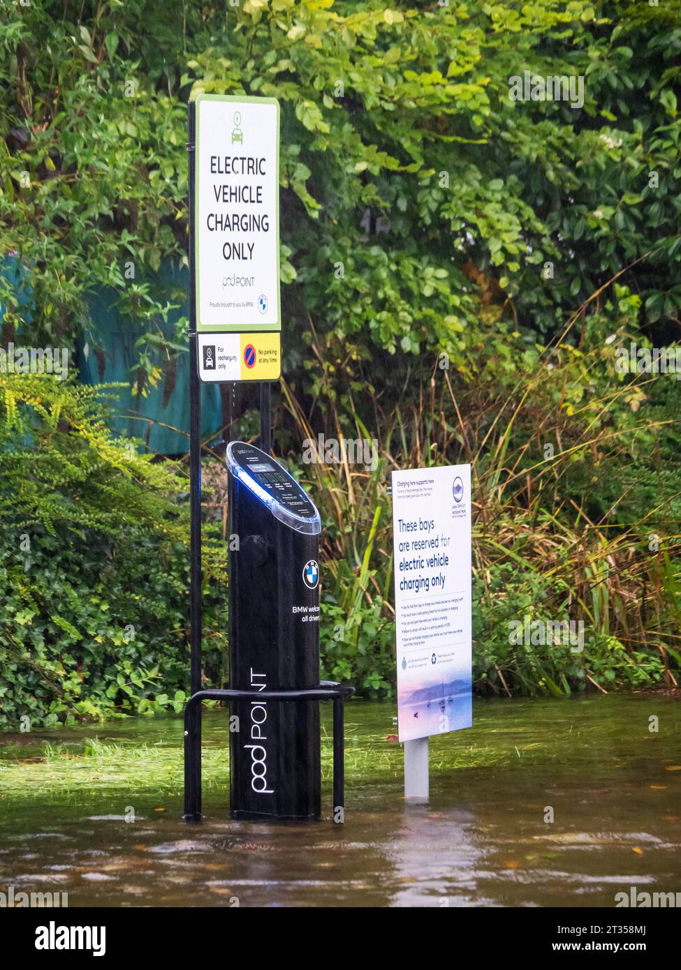 Electric car charging points in flooding in Ambleside, Lake District