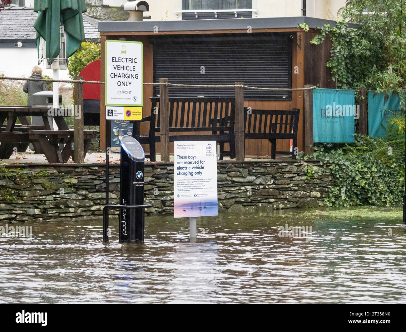 Electric car charging points in flooding in Ambleside, Lake District