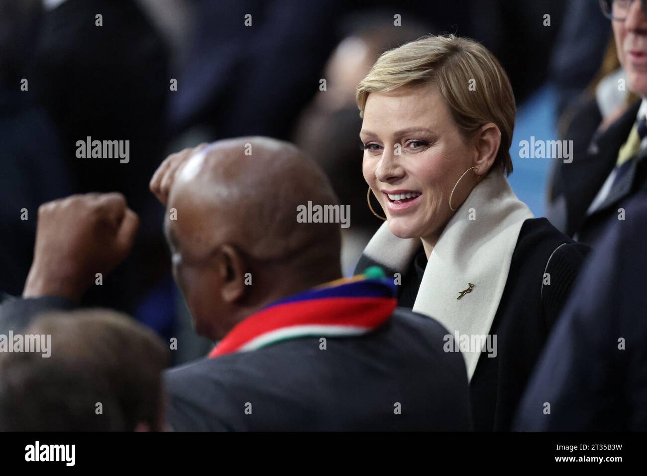 Saint Denis, France. 21st Oct, 2023. Princess Charlene reacts to South Africa beating England in the semifinal of the Rugby World Cup 2023 Credit: Mickael Chavet/Alamy Live News Stock Photo