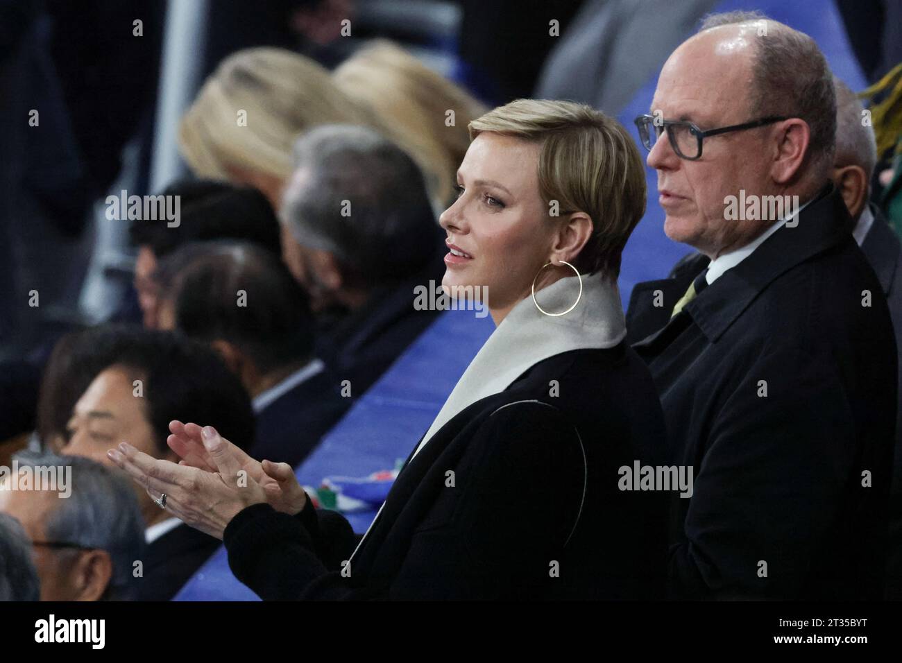 Saint Denis, France. 21st Oct, 2023. Princess Charlene Wittstock of Monaco and her husband Prince Albert of Monaco attend the semifinal between England and South Africa of the Rugby World Cup 2023 Credit: Mickael Chavet/Alamy Live News Stock Photo